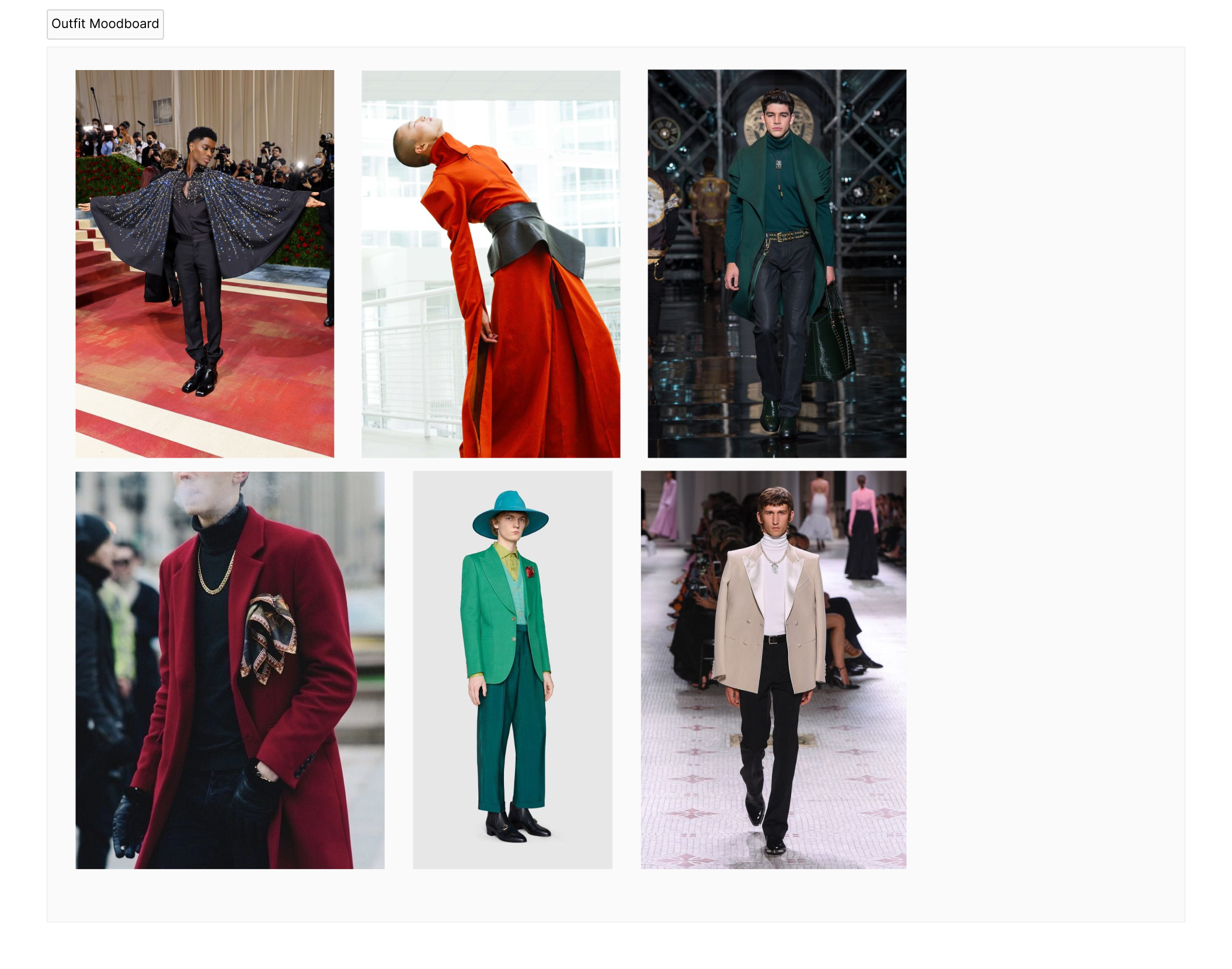 My first moodboard, consisting of different outfits with skirts, hats, oversized coats, scarves, and jackets