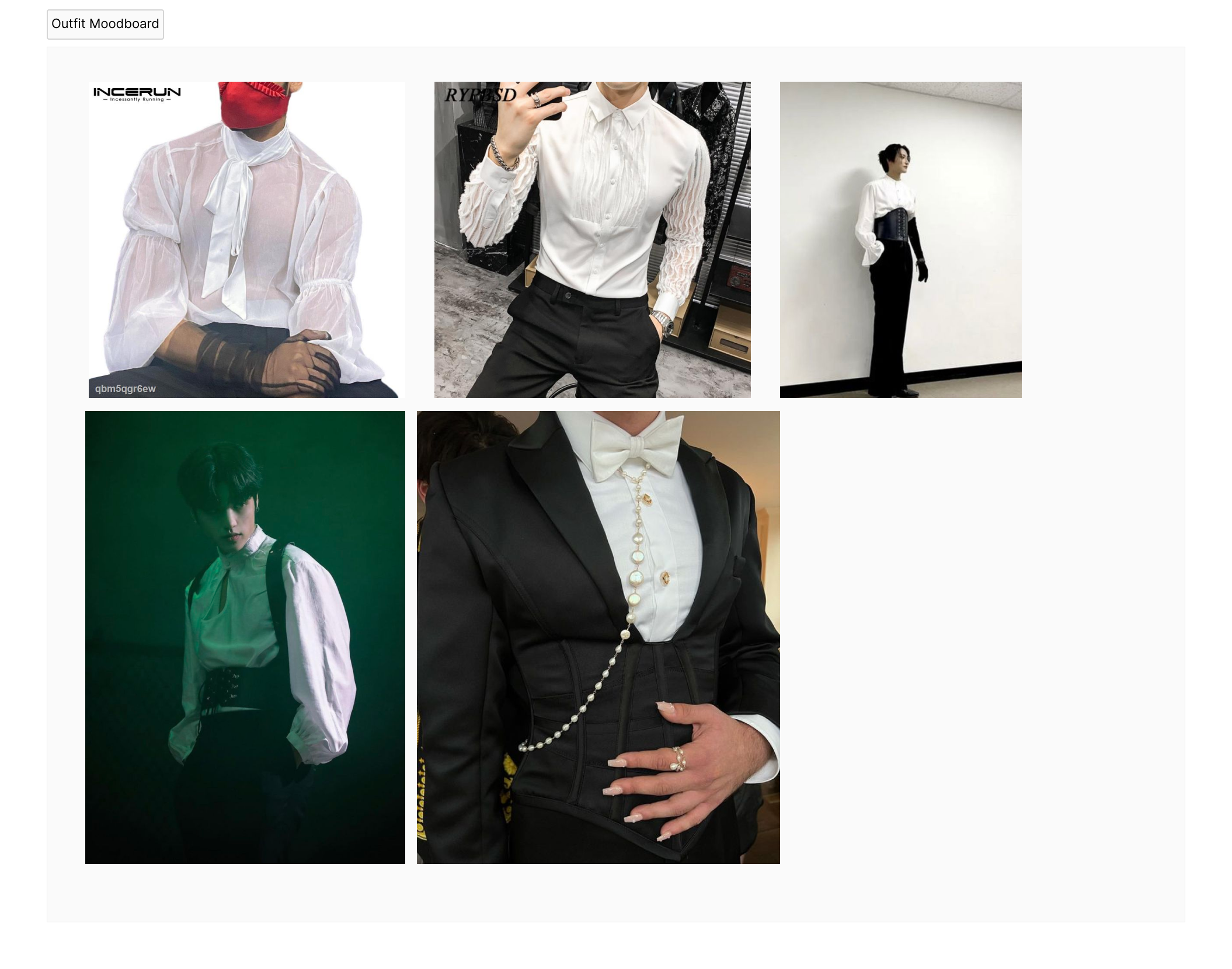My second moodboard, consisting of different black and white outfits with corsets, see-through shirts, and pearls
